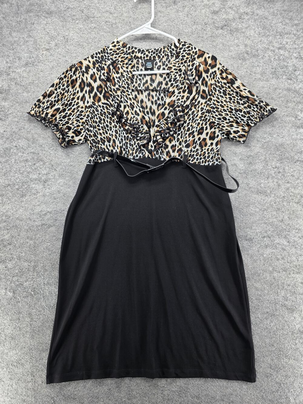 Saint Tropez West Dress Womens 12 Black Leopard Print Ruffle V Neck Belted